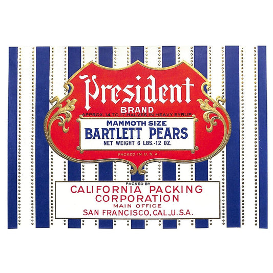 1941 Paper Can Label President Brand Mammoth Size Pear Halves 6 Lbs. VGC Scarce