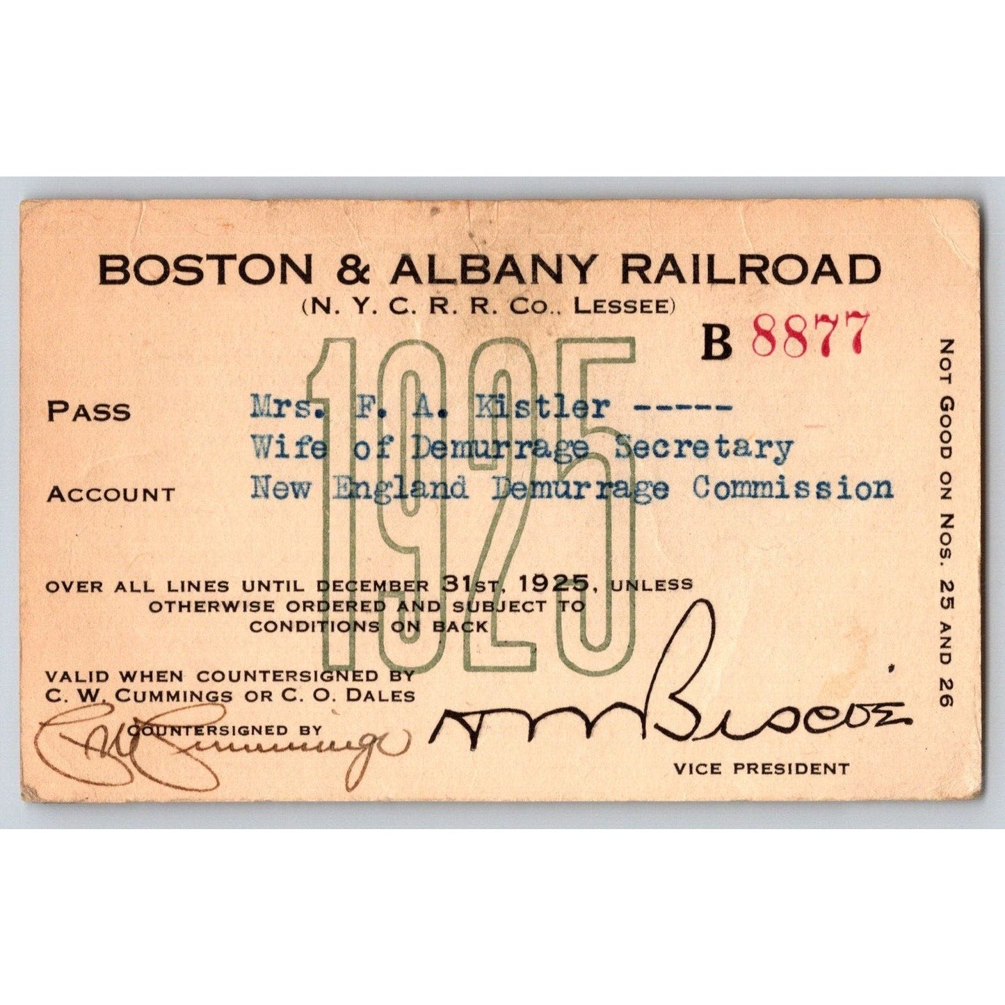 Boston & Albany Railroad 1925 Yearly Pass #8877