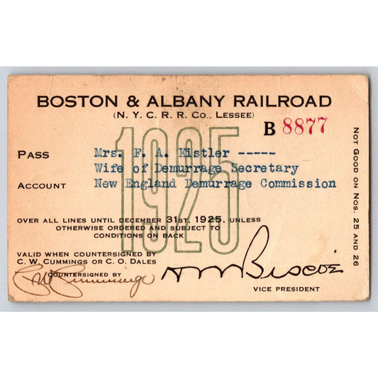 Boston & Albany Railroad 1925 Yearly Pass #8877