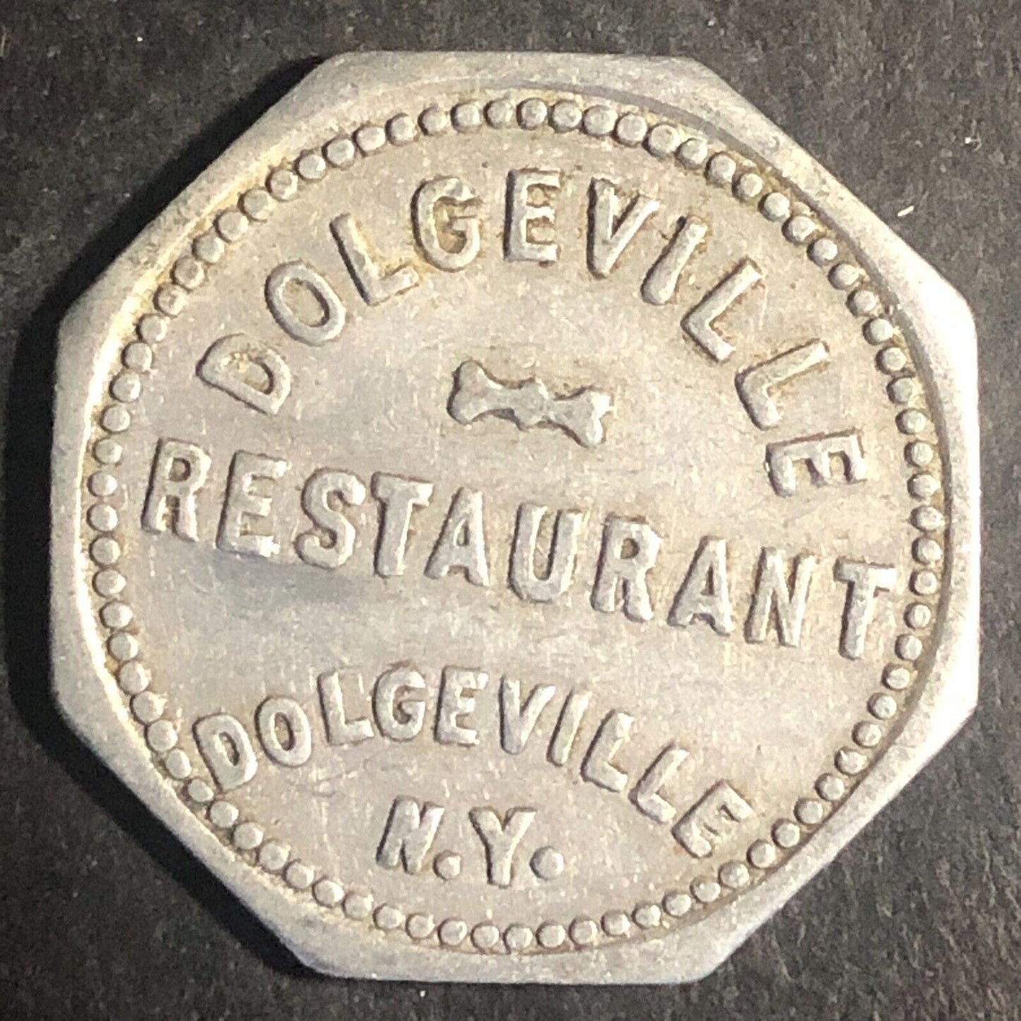 Dolgeville, NY Dolgeville Restaurant Alum. G/F 10¢ Trade Token 25mm Scarce