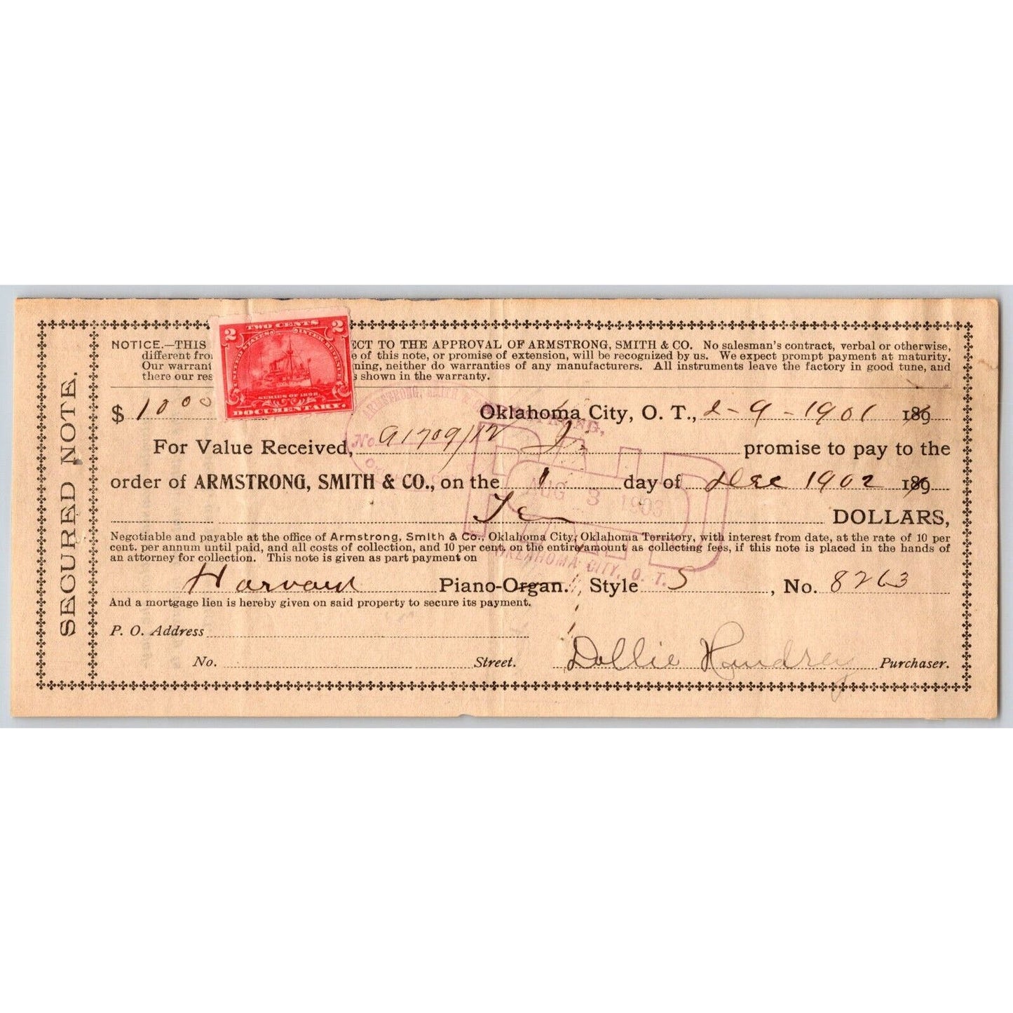 Oklahoma City Territorial 1901 Promissory Note Harvard Piano / Armstrong, Smith