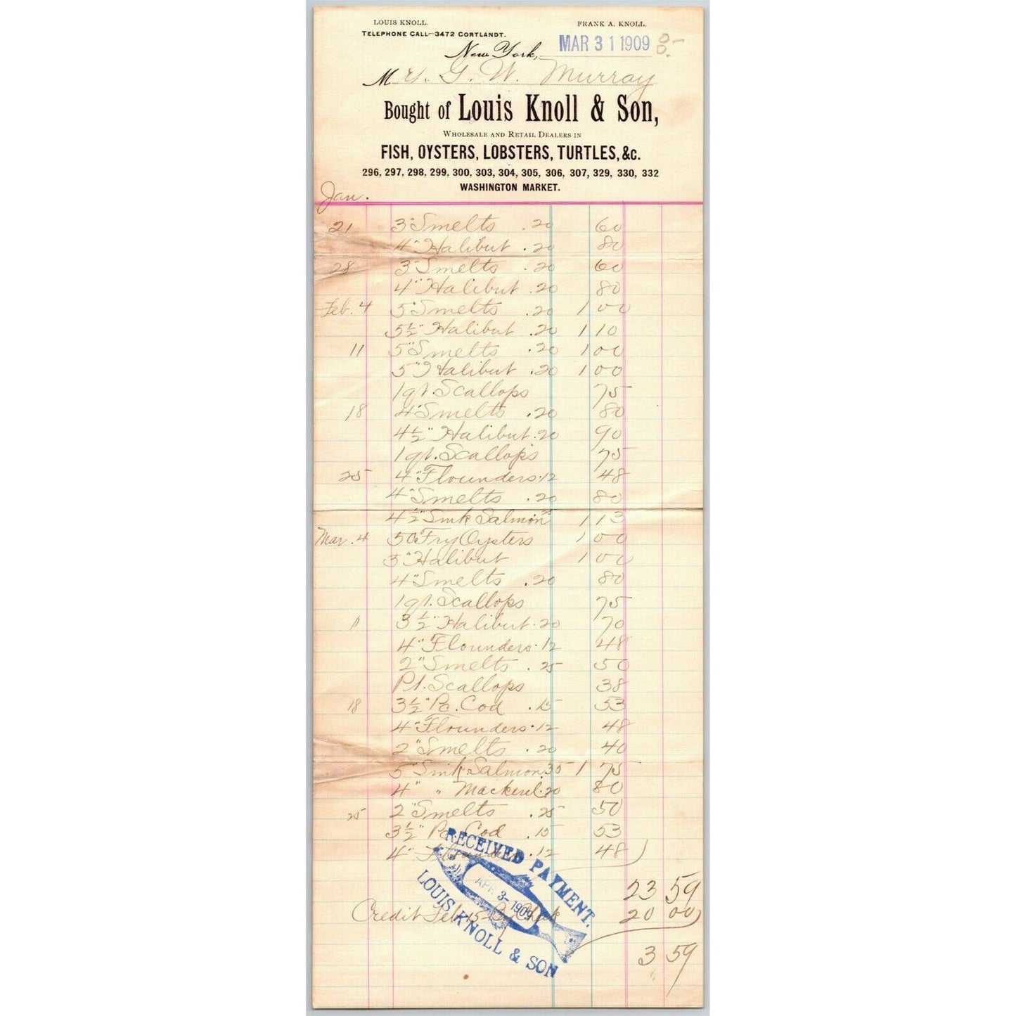 Louis Knoll & Son 1909 LONG Letterhead NY, NY Fish Oysters Turtles Lobsters