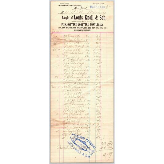 Louis Knoll & Son 1909 LONG Letterhead NY, NY Fish Oysters Turtles Lobsters
