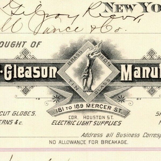 Jan 1888 "E. P. Gleason" Cut Glass Globes Billhead Letterhead Mercer St NYC