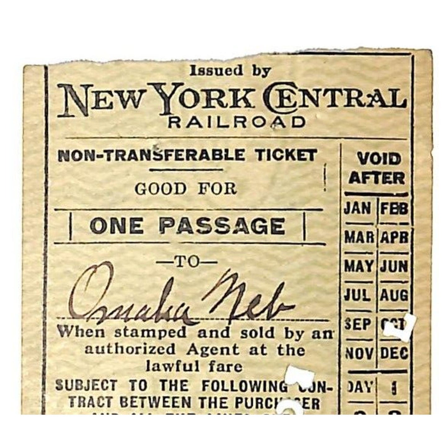 Chicago Great Western / New York Central Railroad Ticket 1920 Omaha, NE