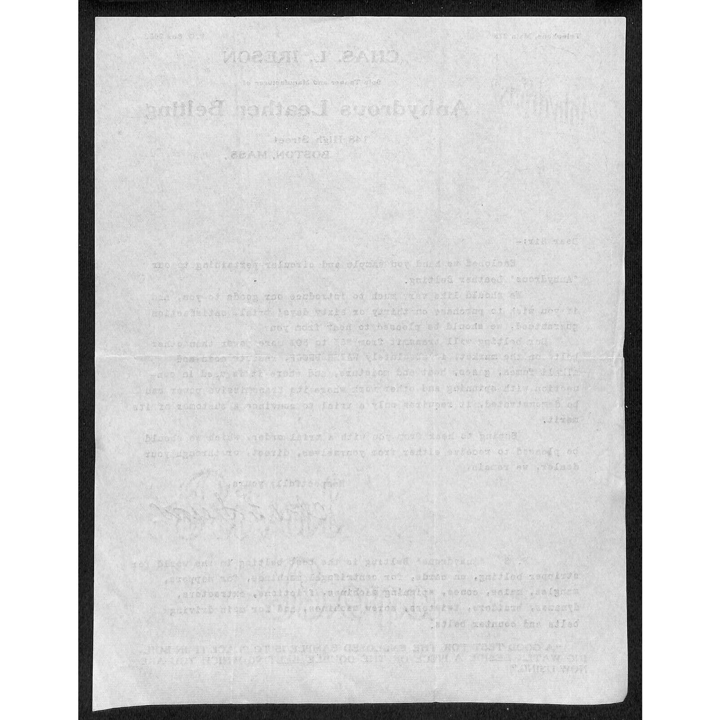 Boston, MA Chas. L. Ireson Anhydrous Leather Belting 1905 Letterhead