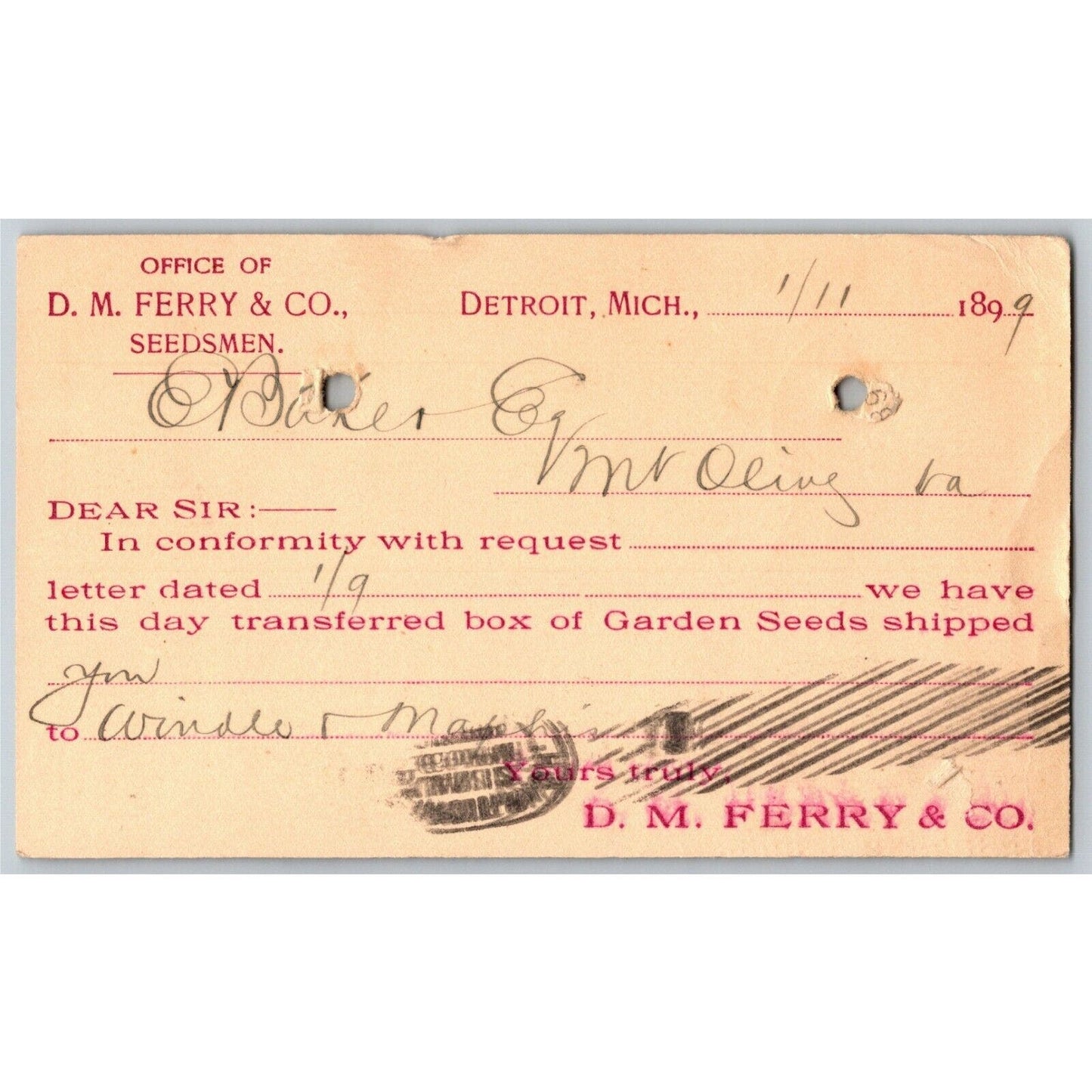 1899 Adv. Payment Conf. Postcard D.M. Ferry Seeds Seedsmen Detroit E. Baker*