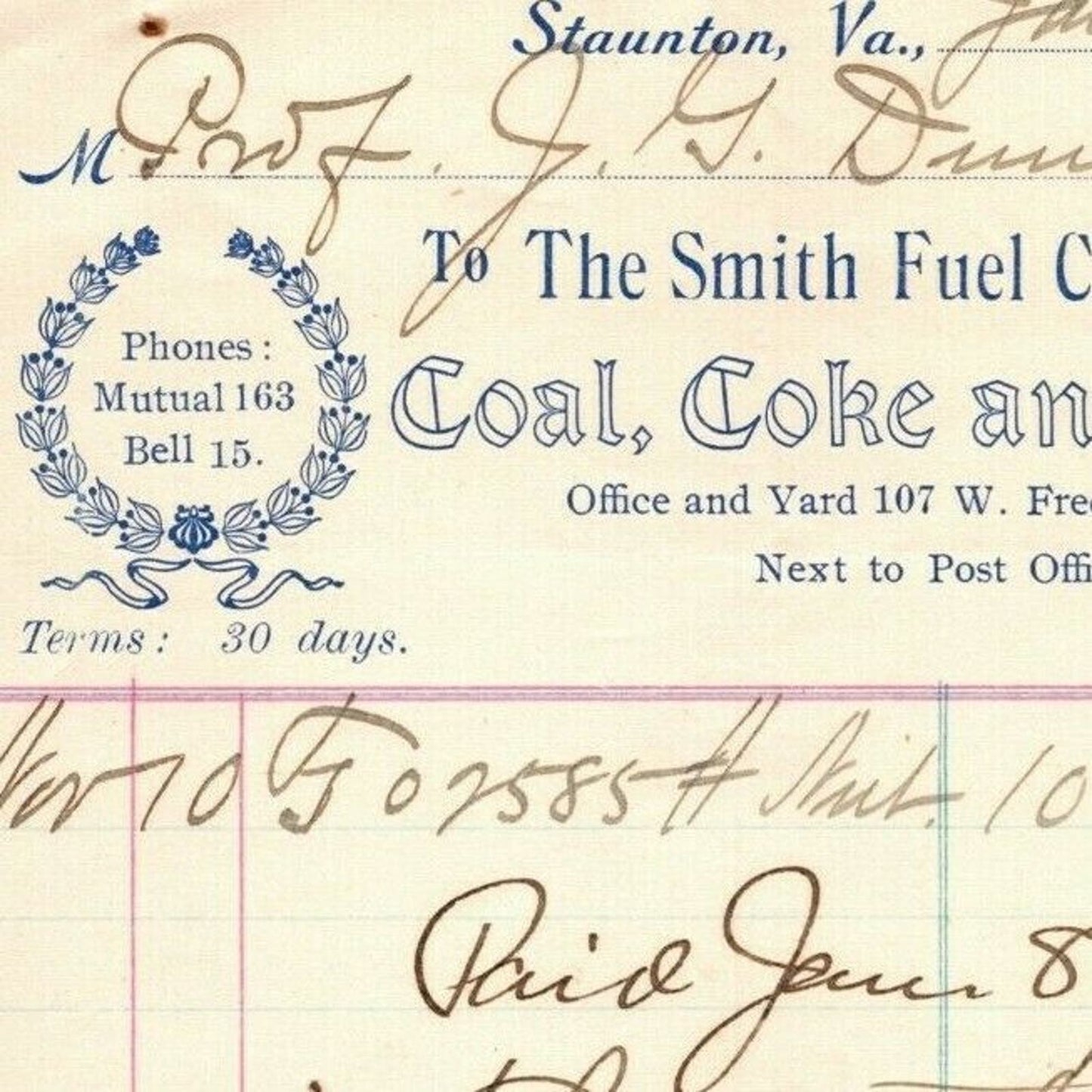 1904 Scarce Smith Fuel Co. Coal Coke Wood Billhead Letterhead Staunton, VA
