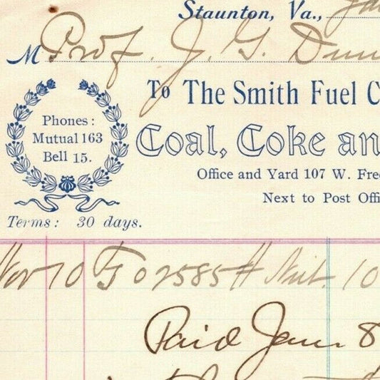 1904 Scarce Smith Fuel Co. Coal Coke Wood Billhead Letterhead Staunton, VA