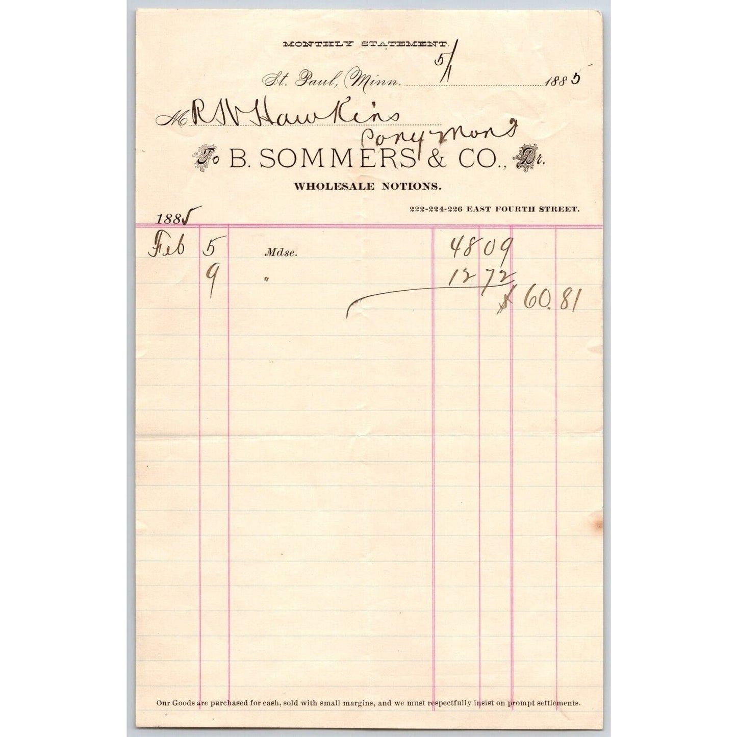 St. Paul, MN B. Sommers & Co. Wholesale Notions 1885 Billhead Statement