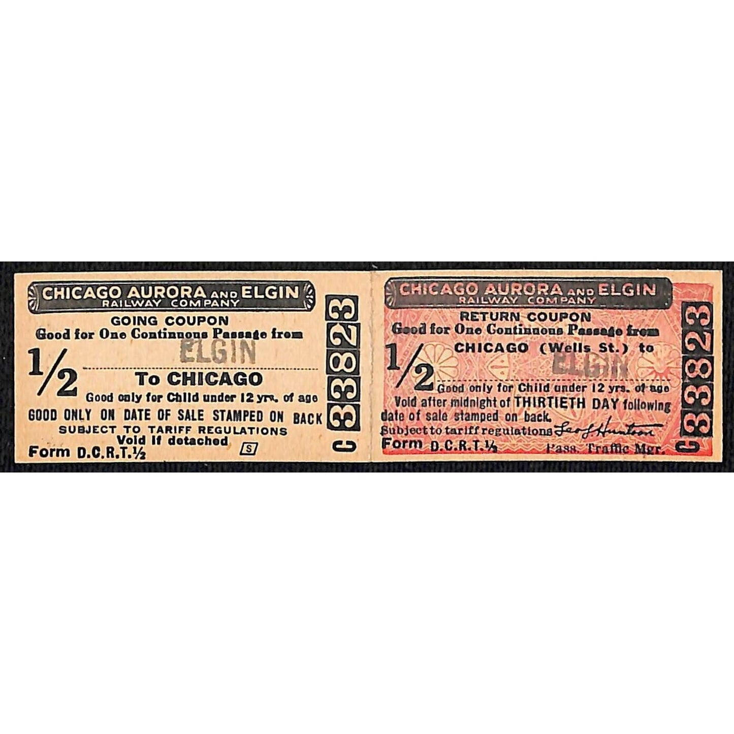 Chicago Aurora and Elgin 1902-57 2-way Attached Tickets Elgin #33823