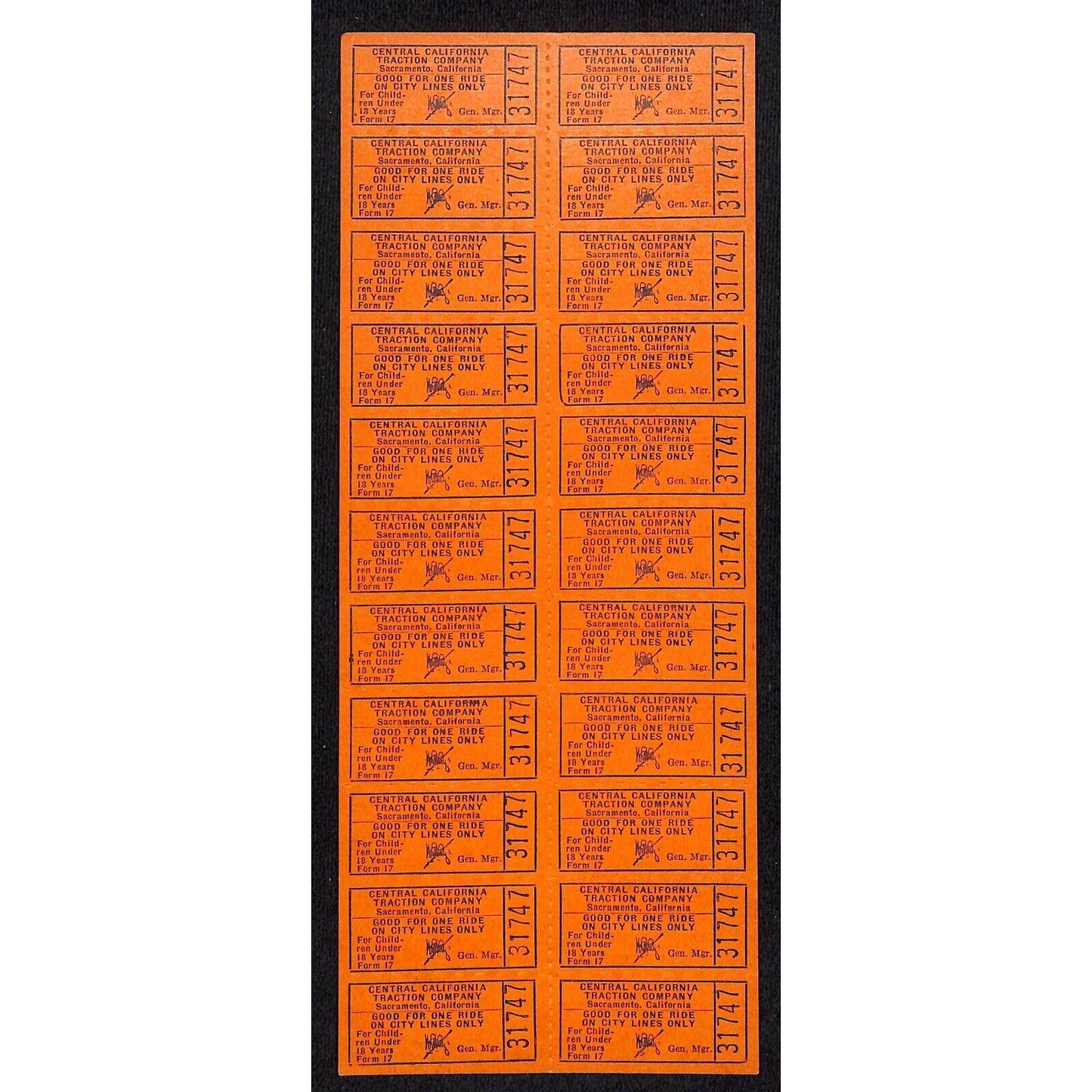 Central California Traction Co (1907-33) Uncut #31747 22-Ticket Sheet VGC