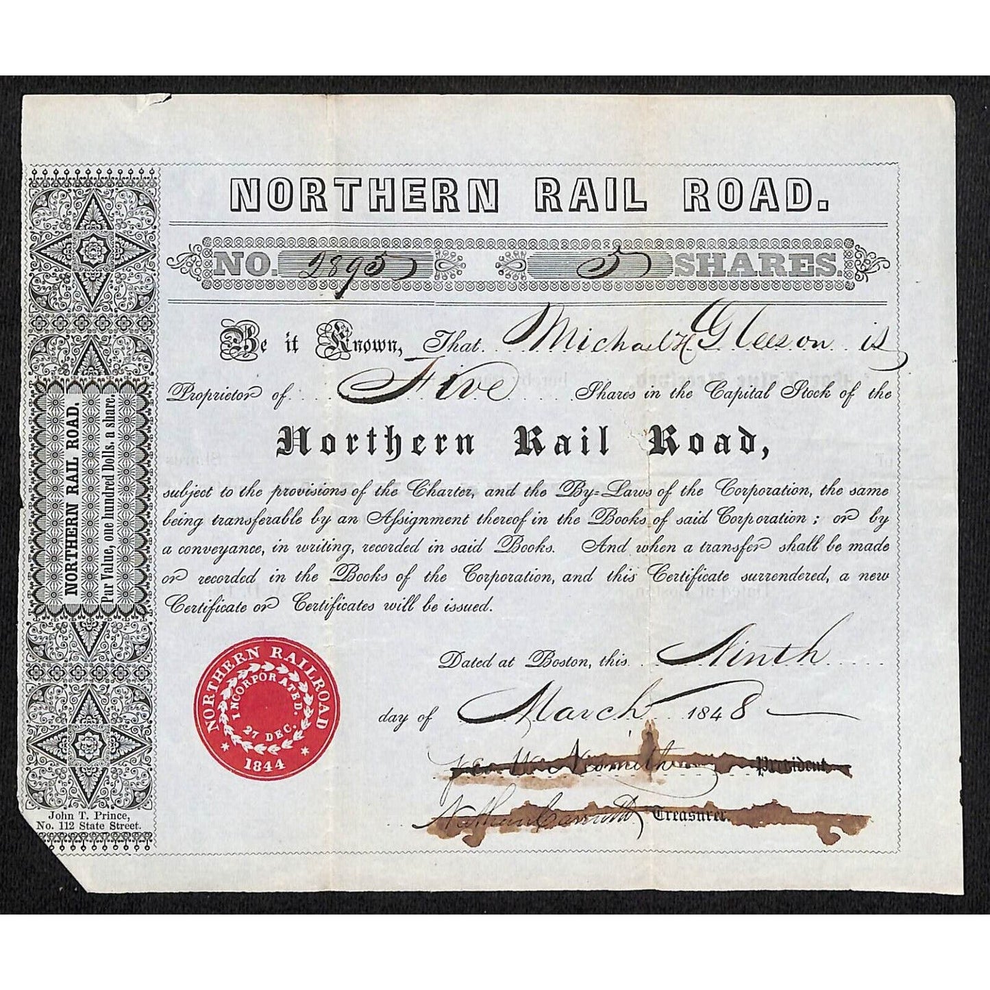 1848 Boston MA Northern Railroad Stock Certificate No. 2895 for 5 Shares