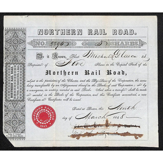 1848 Boston MA Northern Railroad Stock Certificate No. 2895 for 5 Shares