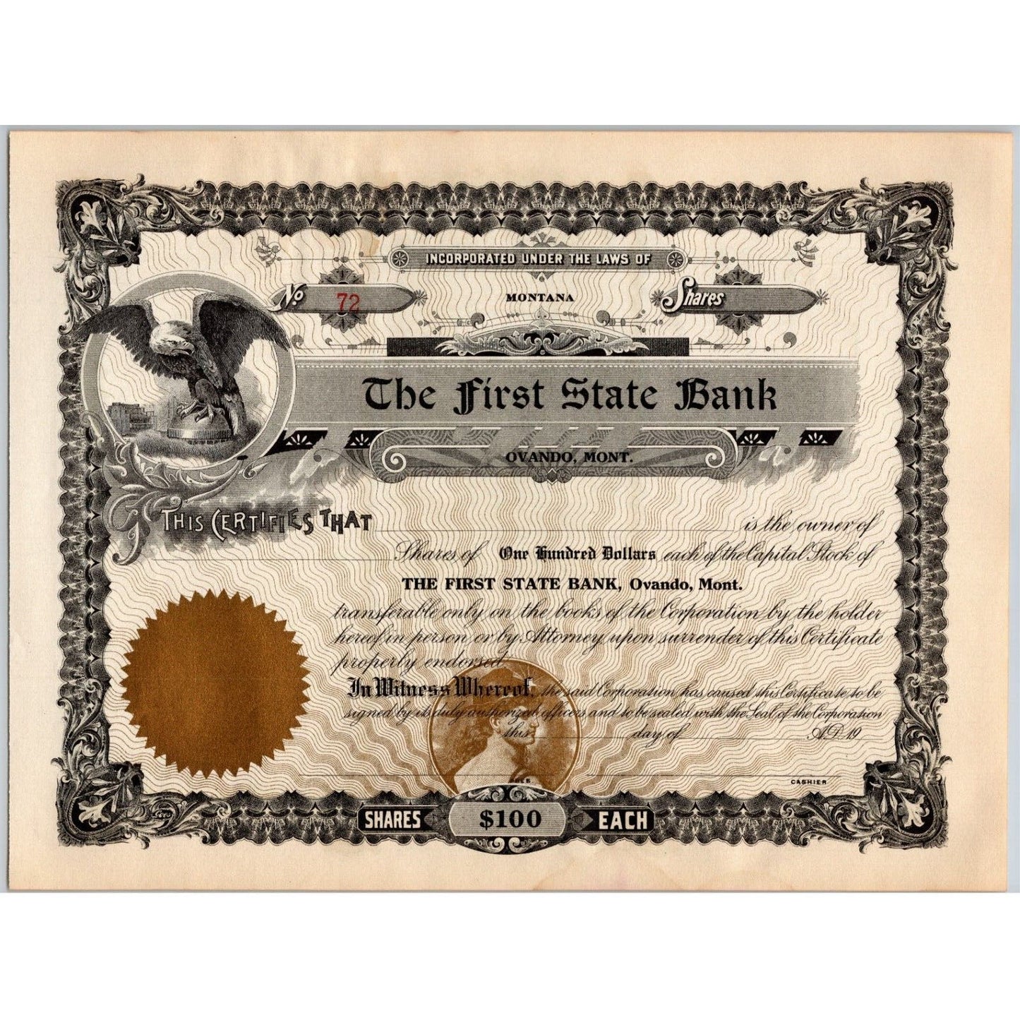 Ovando, MT "The First State Bank" Unissued c1900 -1920's Stock Certificate #72