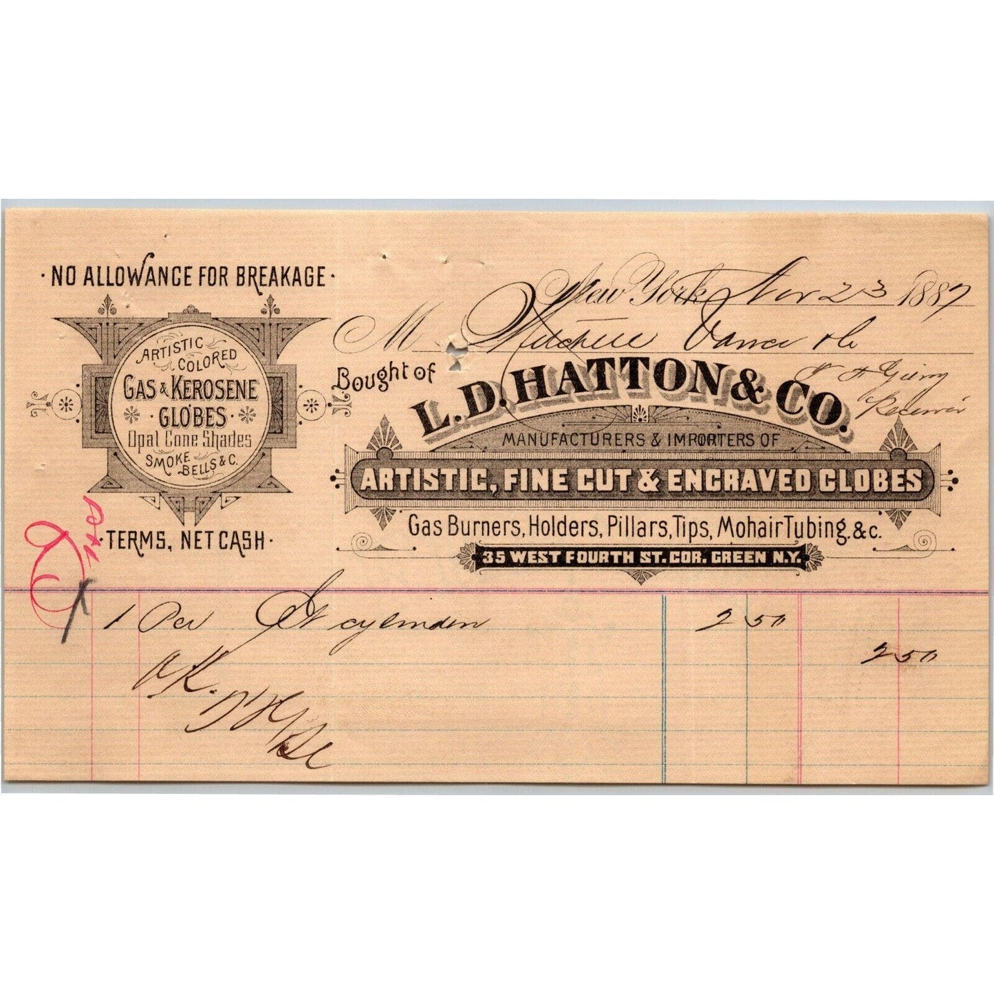1887 L. D. Hatton & Co. Pillars Tips Mohair Tubing Billhead Letterhead NYC