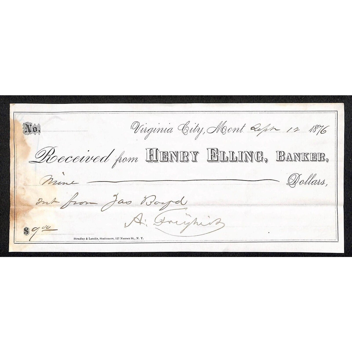 Virginia City Montana 1876 Henry Elling, Banker Payment Receipt