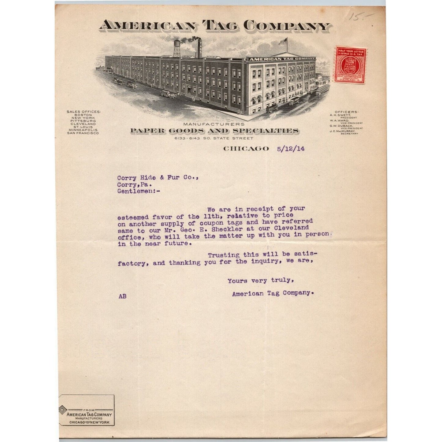 American Tag Company 1914 Letterhead Chicago Paper Goods w/ Affixed Tax Stamp