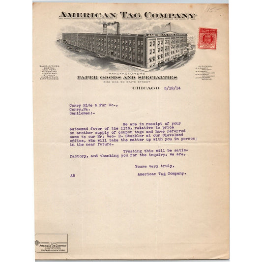 American Tag Company 1914 Letterhead Chicago Paper Goods w/ Affixed Tax Stamp