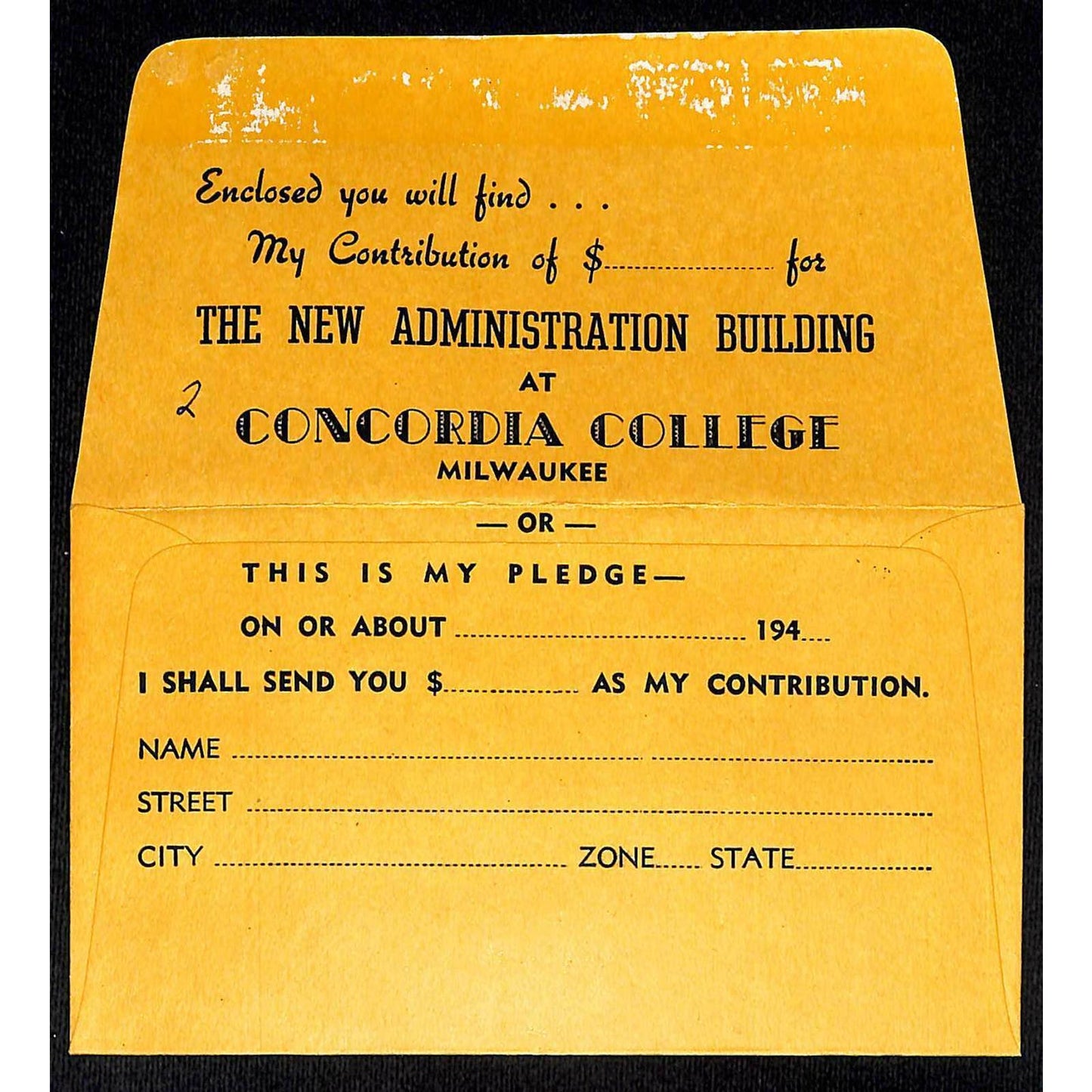 c1940's Concordia Collage Milwaukee New Administration Building Pledge Envelope