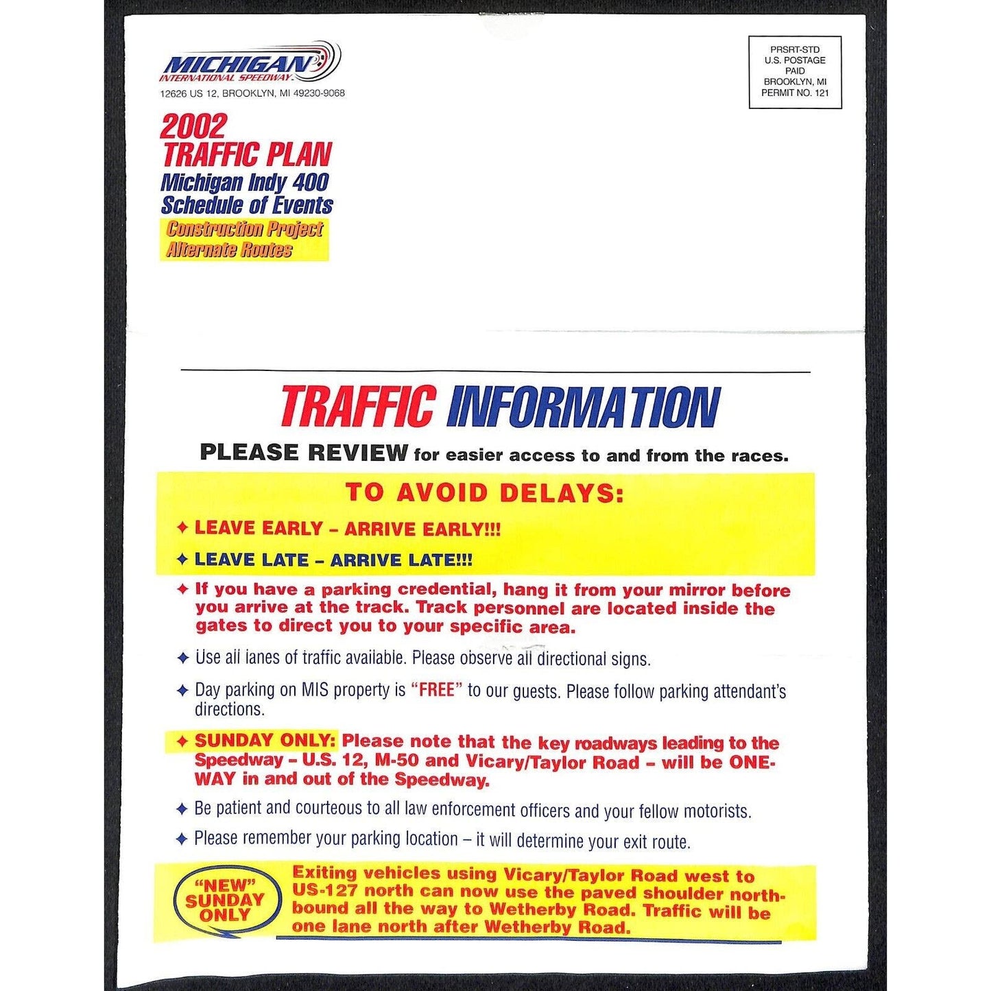 Michigan International Speedway 2002 Traffic Plan Sheet Map Indy 400 Schedule