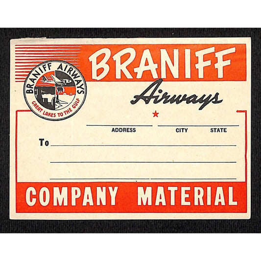 Braniff Airways "Company Material" Great Lakes to the Gulf Gum Label c1950's VGC