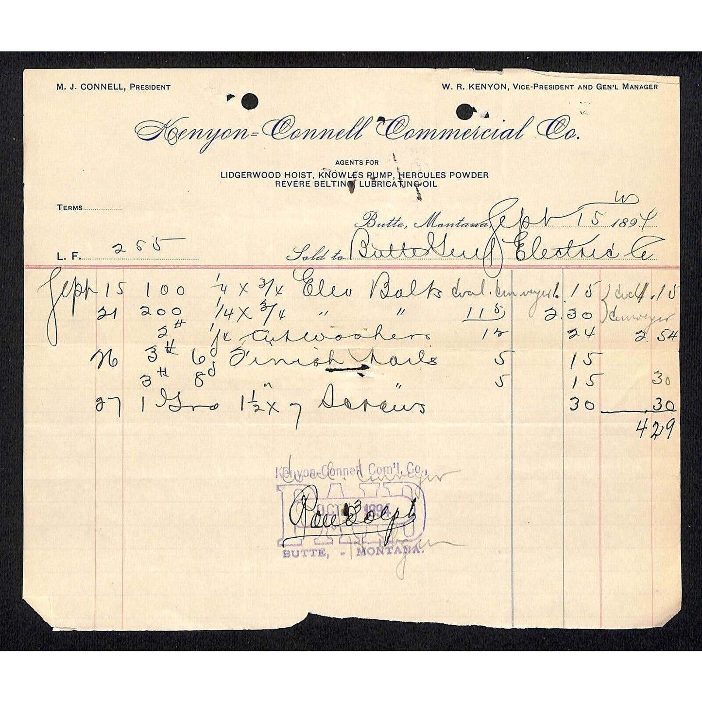 Butte, MT Kenyon - Connell Company Hercules Powder Knowles Pump 1894 Billhead