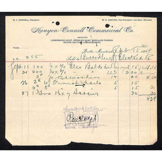 Butte, MT Kenyon - Connell Company Hercules Powder Knowles Pump 1894 Billhead