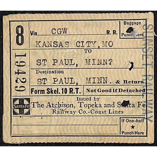 Atchison, Topeka and Santa Fe Railway Ticket Kansas City St. Paul 1925 #19429