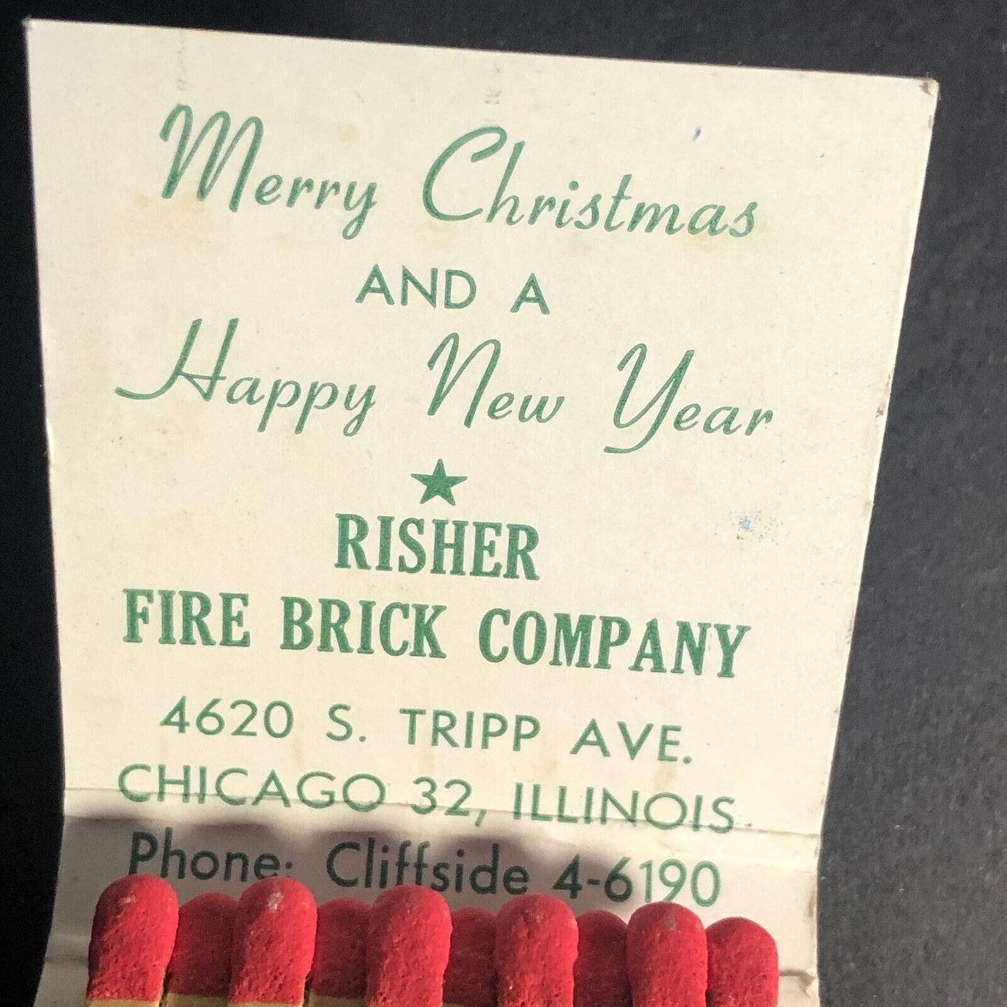 Risher Fire Brick Chicago Merry Christmas 20-Strike Matchbook Winter Scene c1960