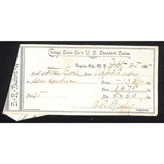 Virginia City Weight Receipt / S.R. Buford Montana Mining 1887 for Coal w/Stub