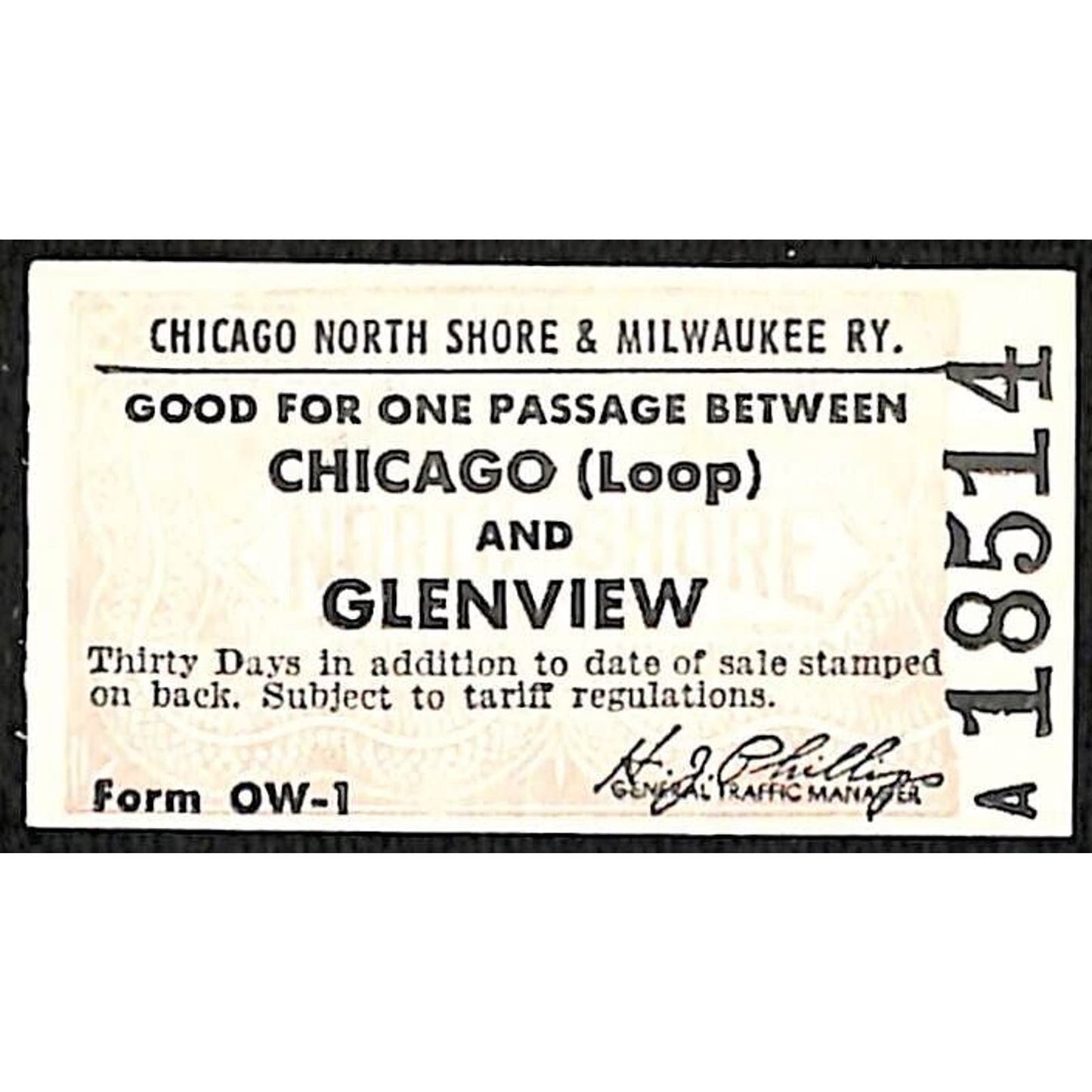 Chicago North Shore & Milwaukee RY Ticket c1947-50's Glenview #18514