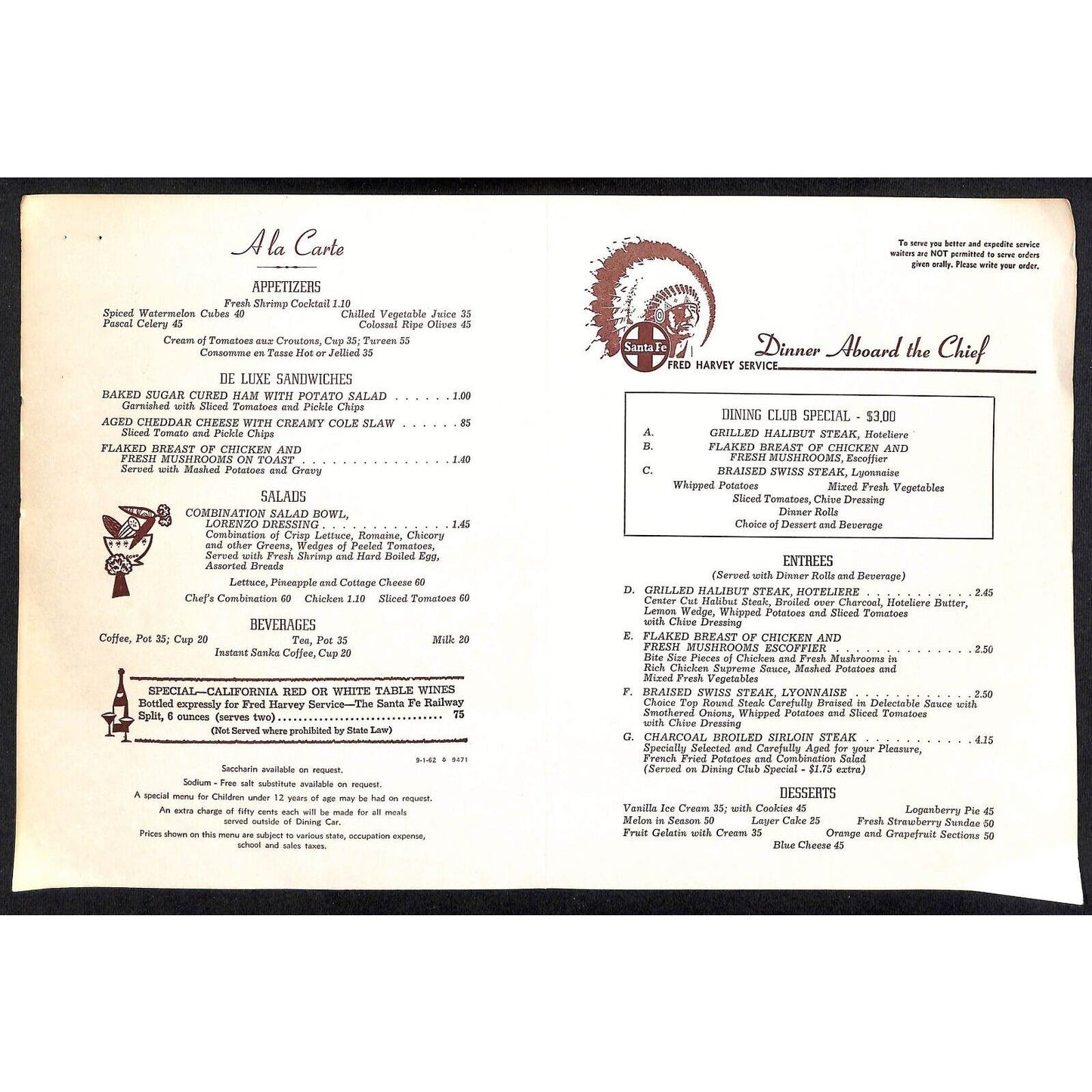 c1962 Santa Fe Railroad Dinner Menu "Ranchos de Toas"