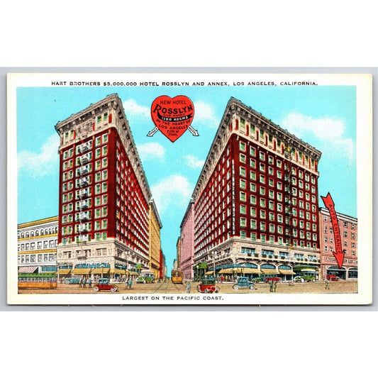 Hart Brothers Hotel Rosslyn & Annex Los Angeles Postcard NP c1930's Heart / Rate