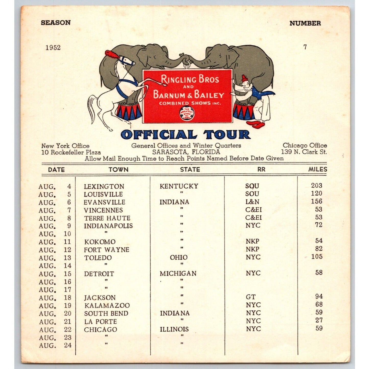 1952 Ringling Bros Barnum Bailey Circus Route Card Lexington Louisville Kokomo