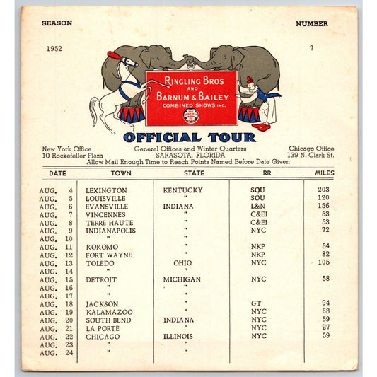 1952 Ringling Bros Barnum Bailey Circus Route Card Lexington Louisville Kokomo
