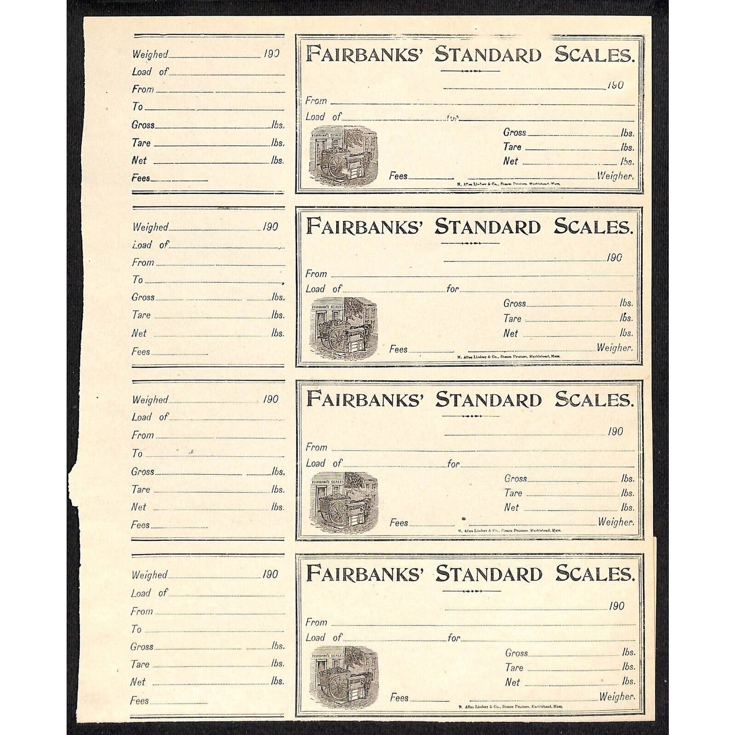 Fairbanks Standard Scales - Group of Billhead, 2 Receipts & 1 Uncut Sheet c1900