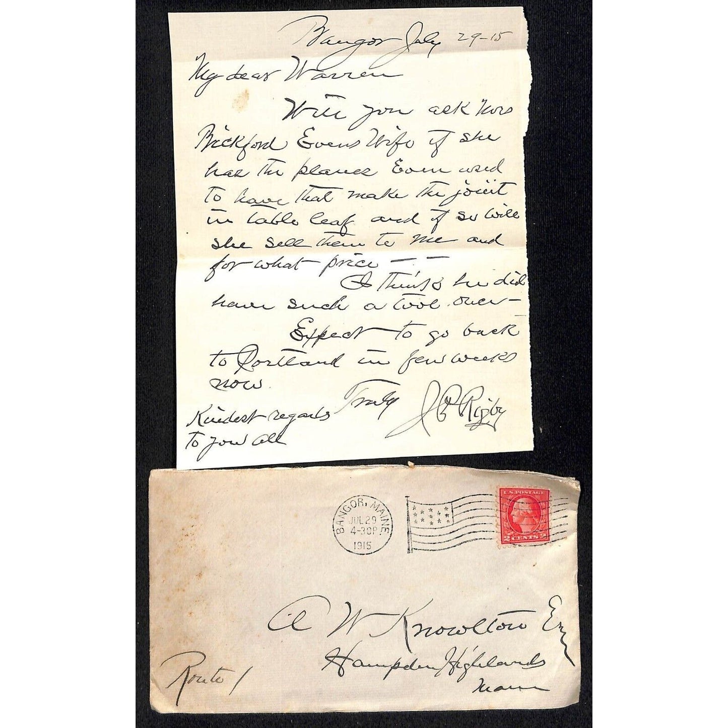 Hampden Highlands, ME Amos W. Knowlton* 1915 Rigby ALS re: Table Leaf Sale ?