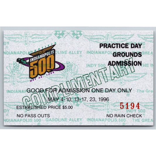 1996 Indy 500 Practice Day Grounds Admission Comp Ticket Pass Card IMS #5194 VGC