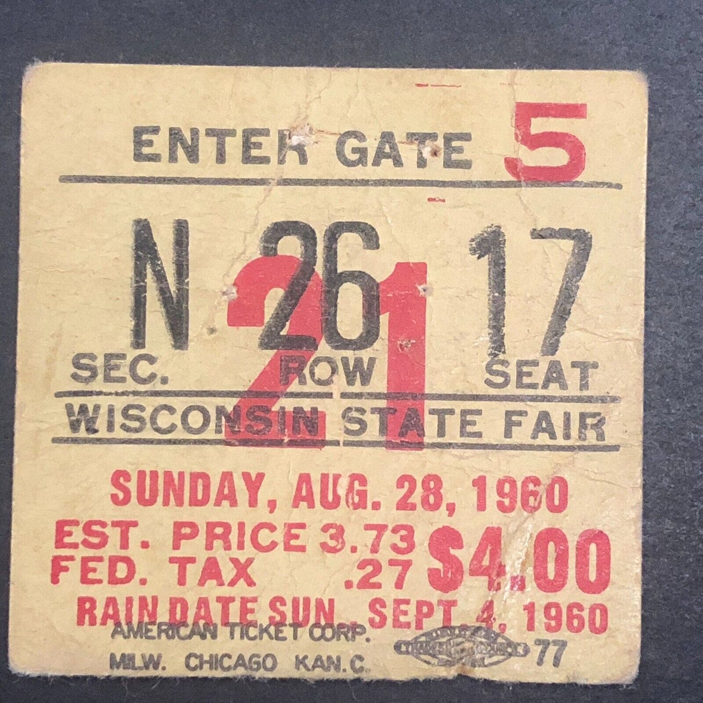 Auto Racing Ticket Stub 8/28 1960 Wisconsin State Fair