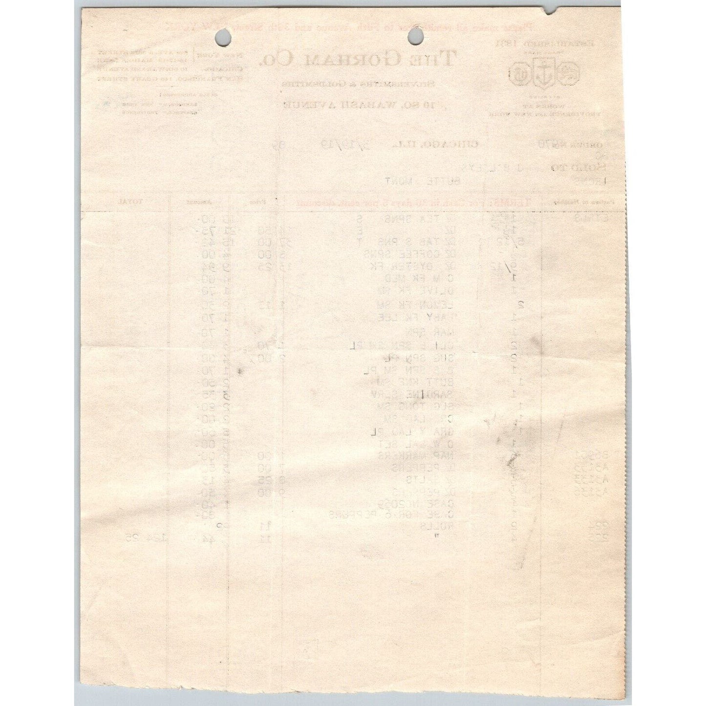 Gorham Co Silversmiths to "Leys" Jewelers Butte, MT 1919 Billhead Long Item List