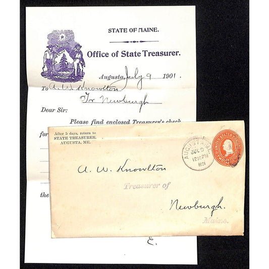 Newburgh, ME Amos W. Knowlton* 1901 State of Maine Treasurer Check Receipt VGC
