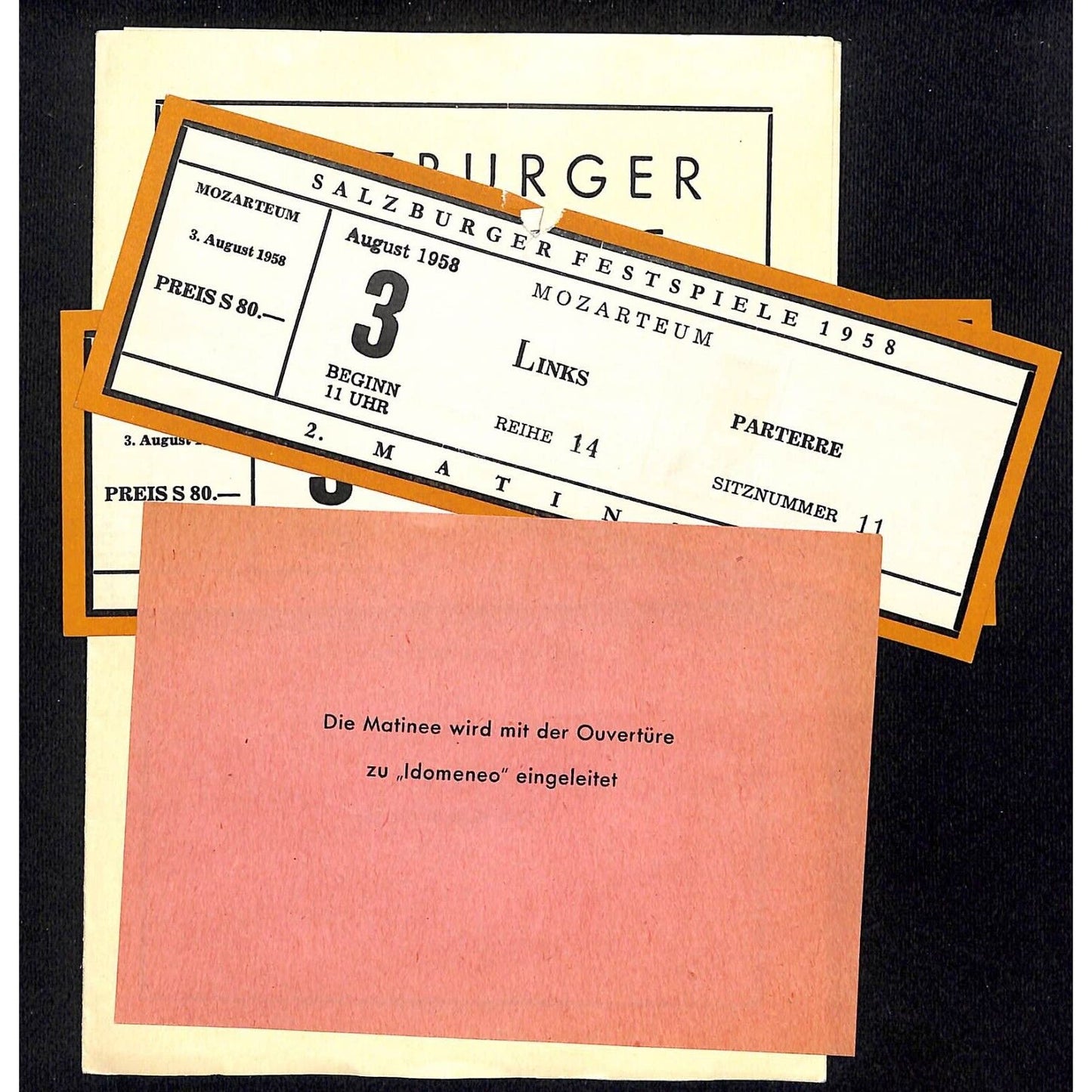 Salzburger Festspiele 1958 Program Mozart - Matinee w/ 2 Tickets - Scarce