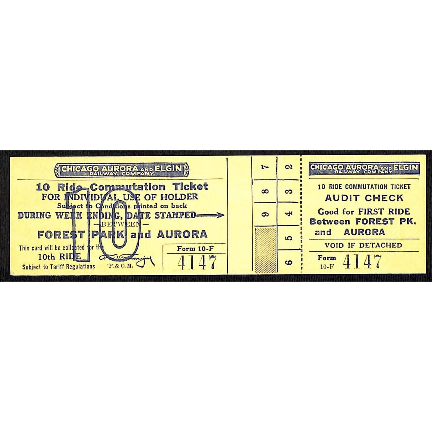 Chicago Aurora and Elgin Railway (1902-57) 10 Ride Ticket Forest Park / Aurora