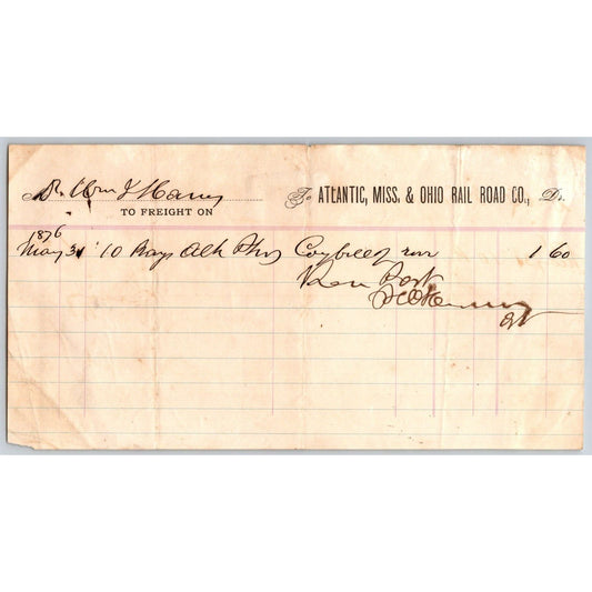 Atlantic, Miss. & Ohio Rail Road (1870-82) AM&O 1876 Freight Billhead - Scarce