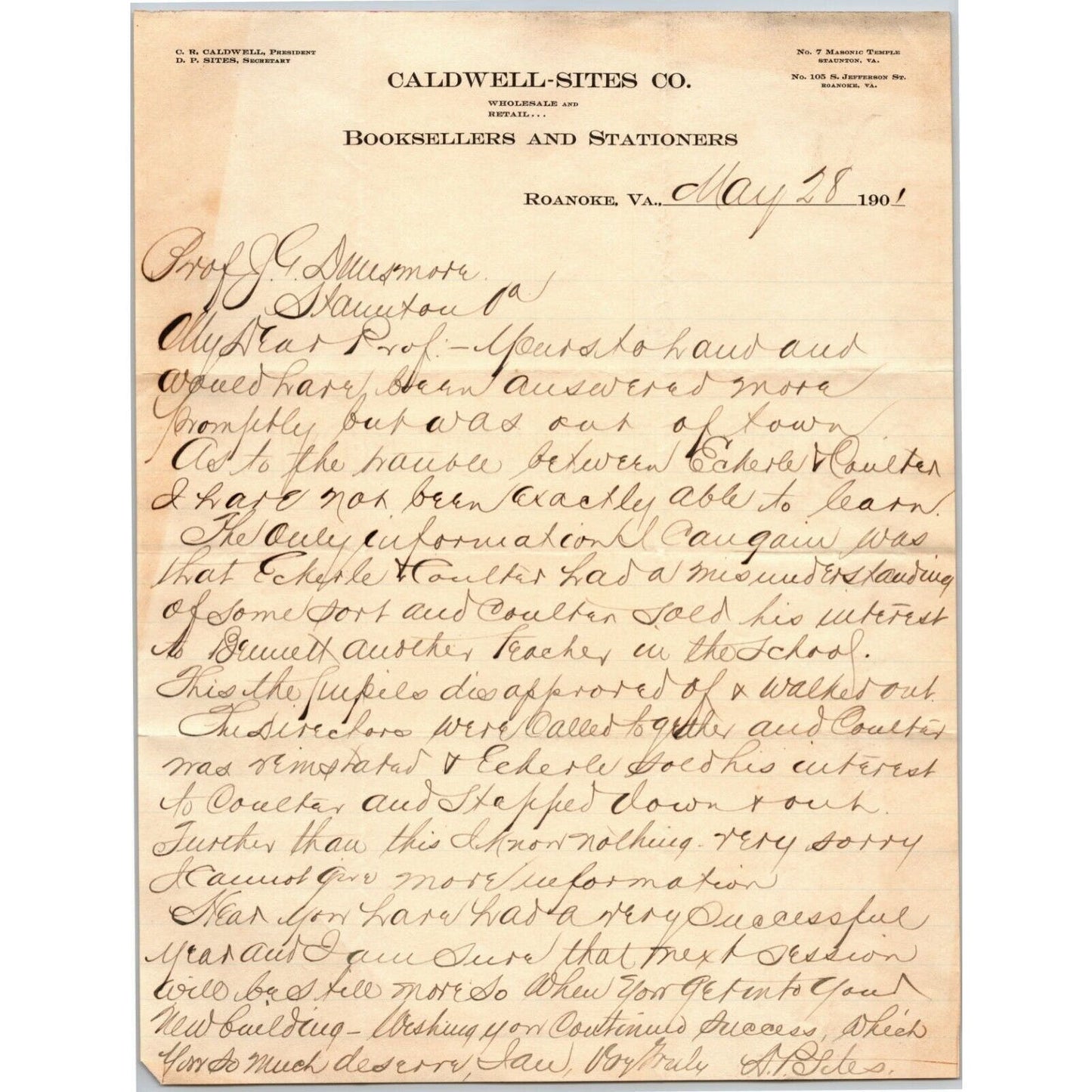 1901 Scarce Caldwell-Sites Booksellers Billhead Letterhead Roanoke, VA