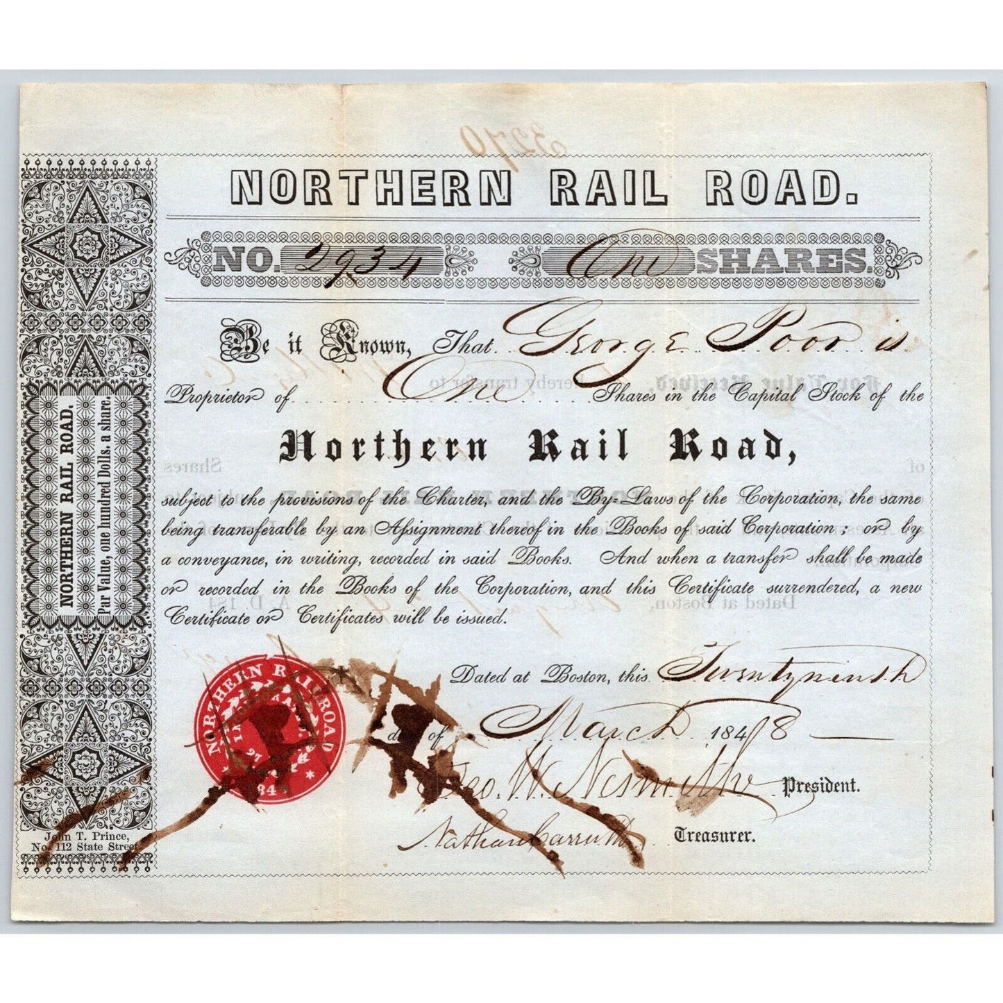 1848 Boston, MA Northern Railroad Stock Certificate No. 2934 for One Share