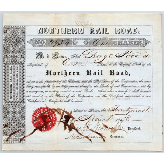 1848 Boston, MA Northern Railroad Stock Certificate No. 2934 for One Share