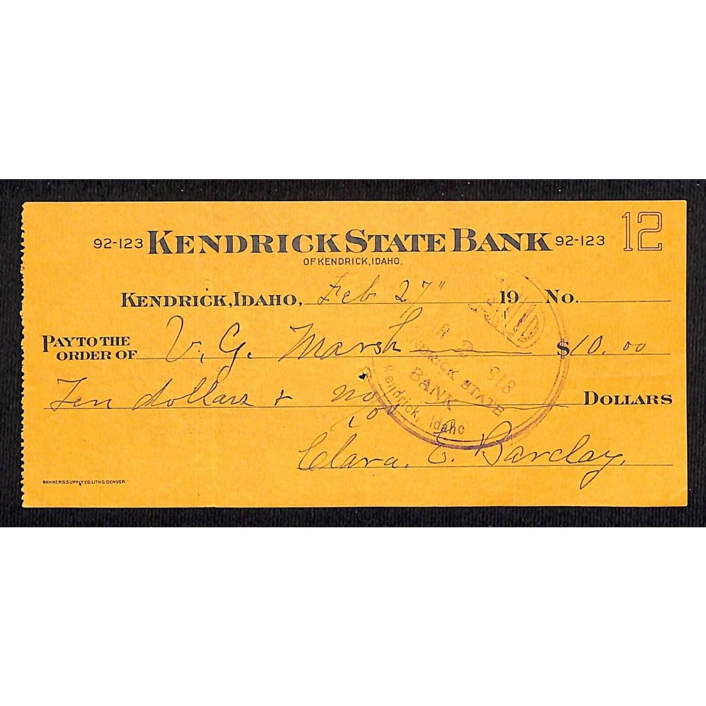 Kendrick State Bank - Idaho $10 Bank Check 1918