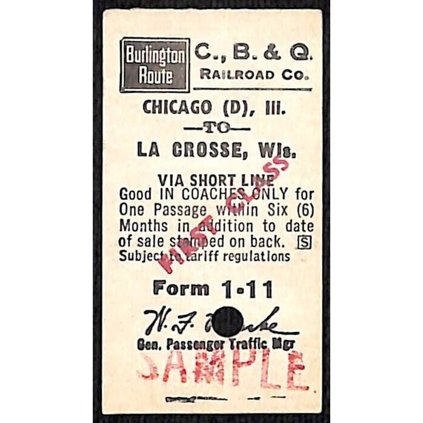 Chicago, Burlington & Quincy Railroad C., B. & Q. SAMPLE Ticket to La Crosse